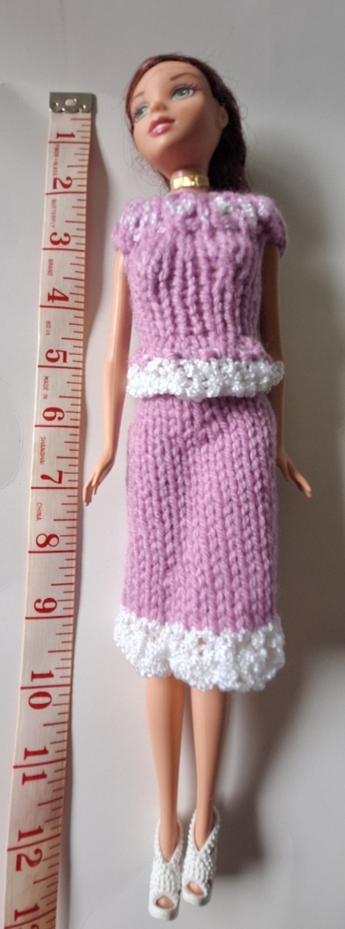 Barbie With Pink Knit Doll Sweater Dress with White Trim